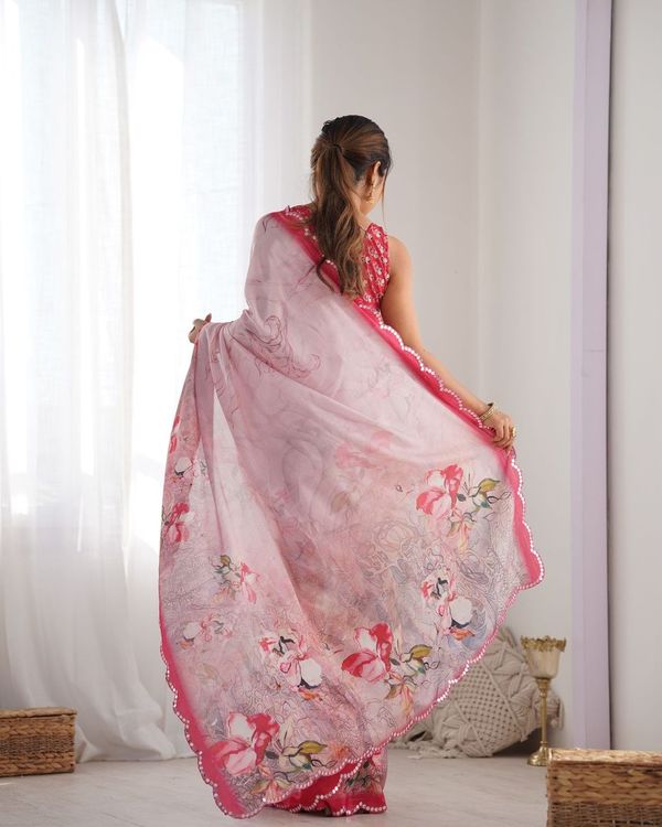 Pink Designer Digital Printed & Mirror Cut Work Chinon Saree