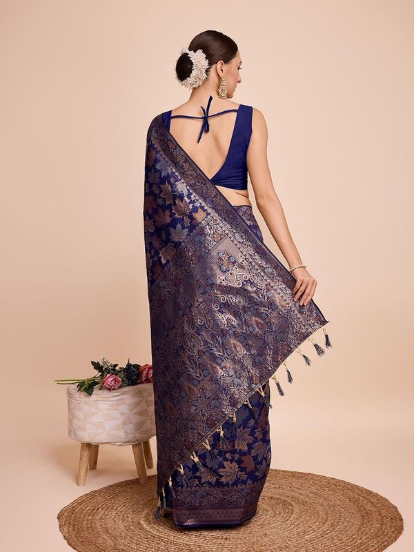 Nevy Blue Weaving Copper Jari Designer Handloom Silk Saree