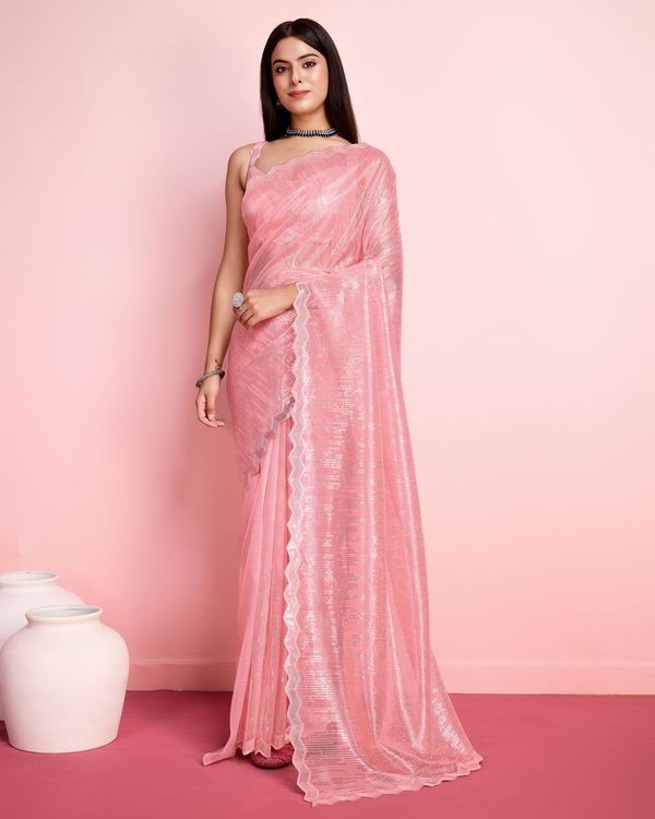 Rust Thread & Sequance Embroidery Work Silver Twill Net Saree