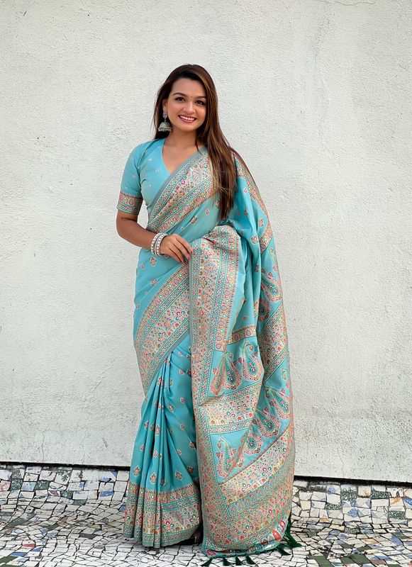 Blue Wevon Kashmiri Meenakari Designer Pashmina Silk Saree