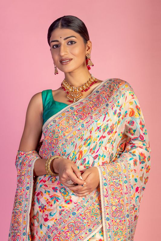 Cream Handloom Wevon Designer Kashmiri Pashmina Saree