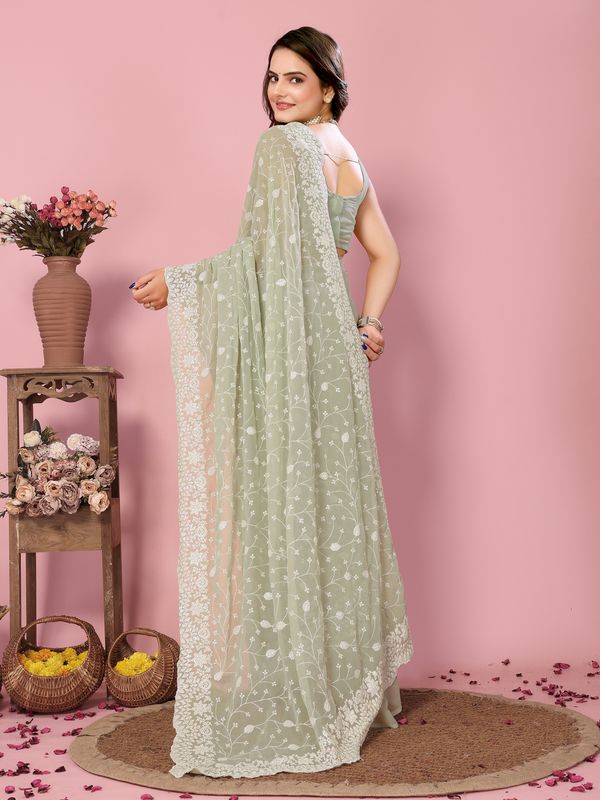 Pista Thread & Sequance Embroidery Work Georgette Saree