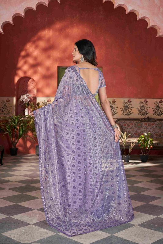 Lavender Sequance & Thread & Pite Embroidery Work Tissue Net Saree