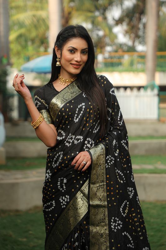 Black Wevon Border Designer & Handmade Bandhej Printed Handloom Silk Saree