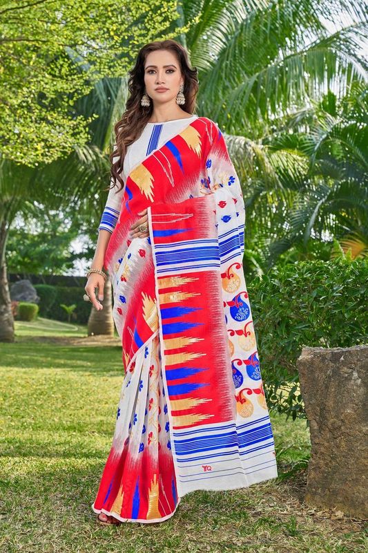 White Color Silk Cotton Wevon Thread Designer Ethnic Casual Looks Saree