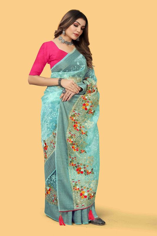 Blue Wevon Jari Patta & Embroidery & Stone Work Organza Silk Saree