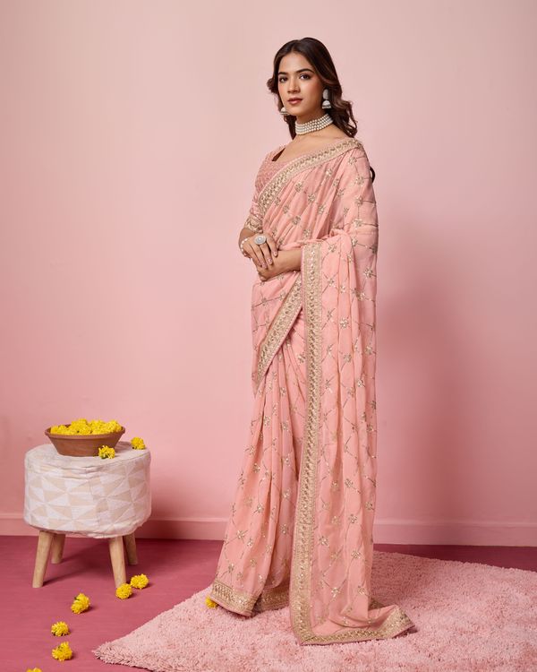 Pink Designer Coding & Sequance Embroidery Work Georgette Saree