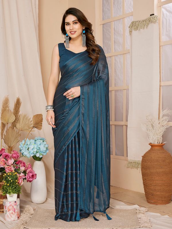 Teal Wevon Designer & Swarovski Work Georgette Saree