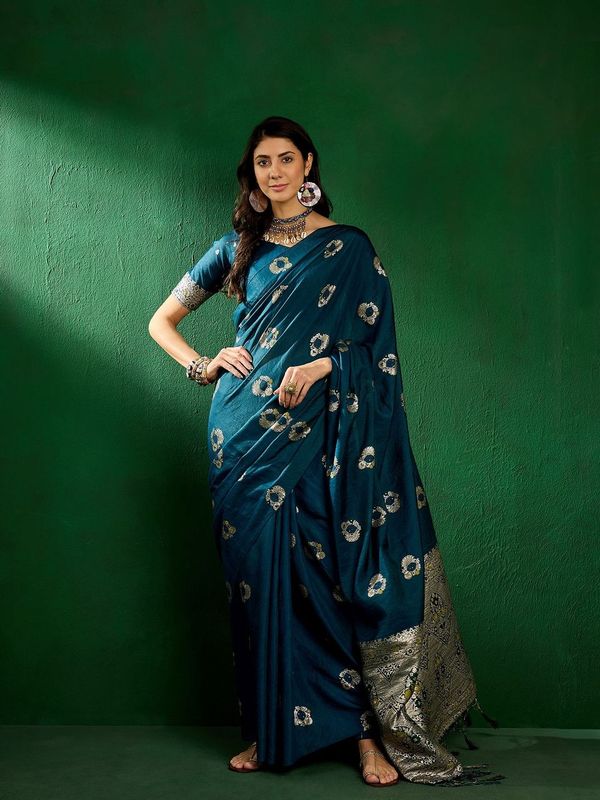 Teal Wevon Jacquard Designer Staple Dola Cotton Saree