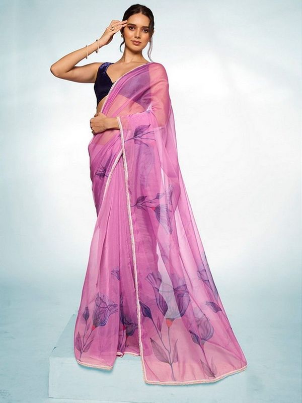 Purple Color Organza Fabric Designer Printed Graceful Bollywood Style Party Saree