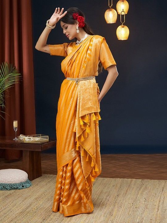 Yellow Georgette Leheriya Saree With Tassels on Pallu and Stitched Yellow Blouse