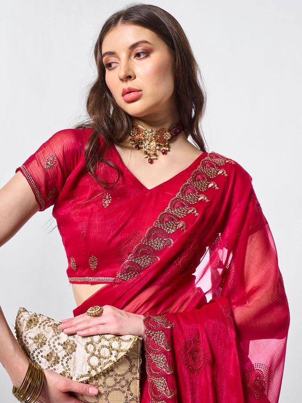 Red Designer Embroidery Work Shimmer Chiffon Saree