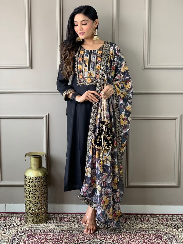 Black Chanderi Silk Straight Kurta