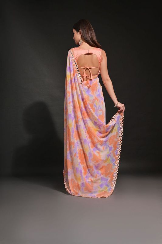 Orange Prizam Printed & Mirror Work Lace Border Georgette Saree