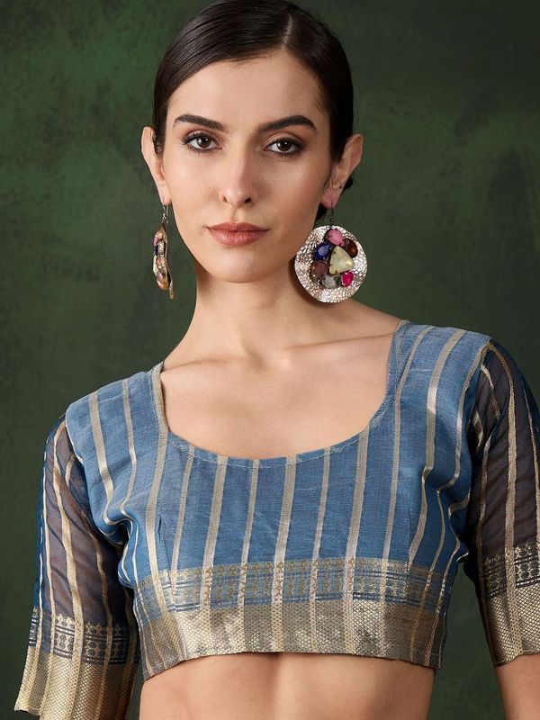 Blue Wevon Jacquard Designer Khadi Organza Saree