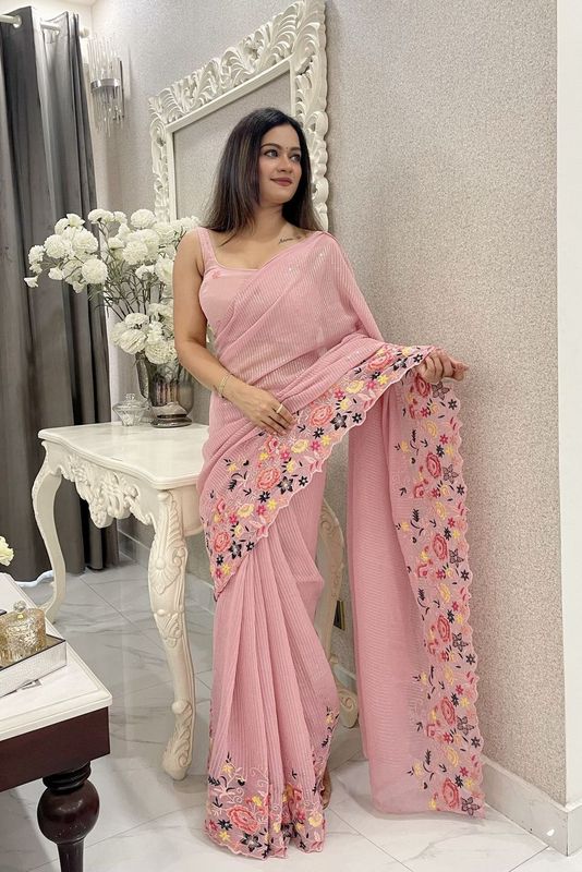 Onion Color Shimmer Silk Fabric Girlie Thread And Sequins Embroidery Work Bollywood Saree