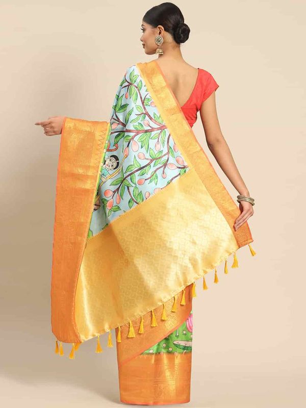 Turquoise Blue Women's Kanjeewaram Digital Printed Saree