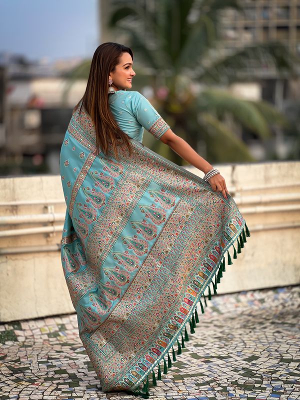 Blue Wevon Kashmiri Meenakari Designer Pashmina Silk Saree