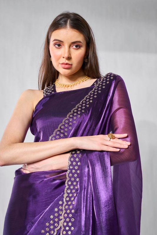 Purple Swarovski Designer Work Burburry Saree