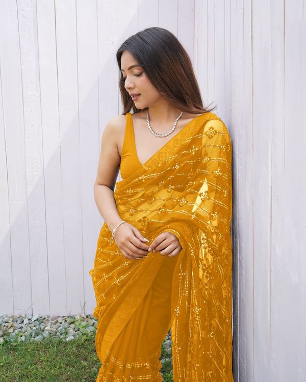 Yellow Thread & Sequance Embroidery & Diamond Work Butterfly Net Saree