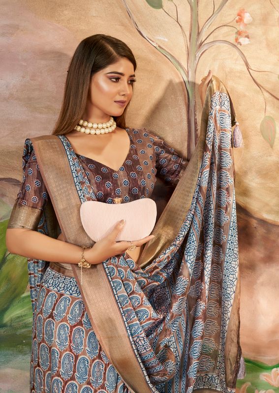 Brown Grey Wevon Border Designer With Printed Dolla Silk Saree