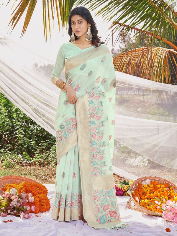 Sea Green Wevon Designer & Digital Printed Cotton Saree