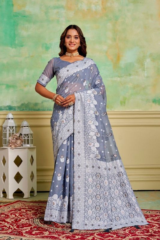 Grey Cotton Woven Saree With Tassels on Pallu and Stitched Grey Blouse