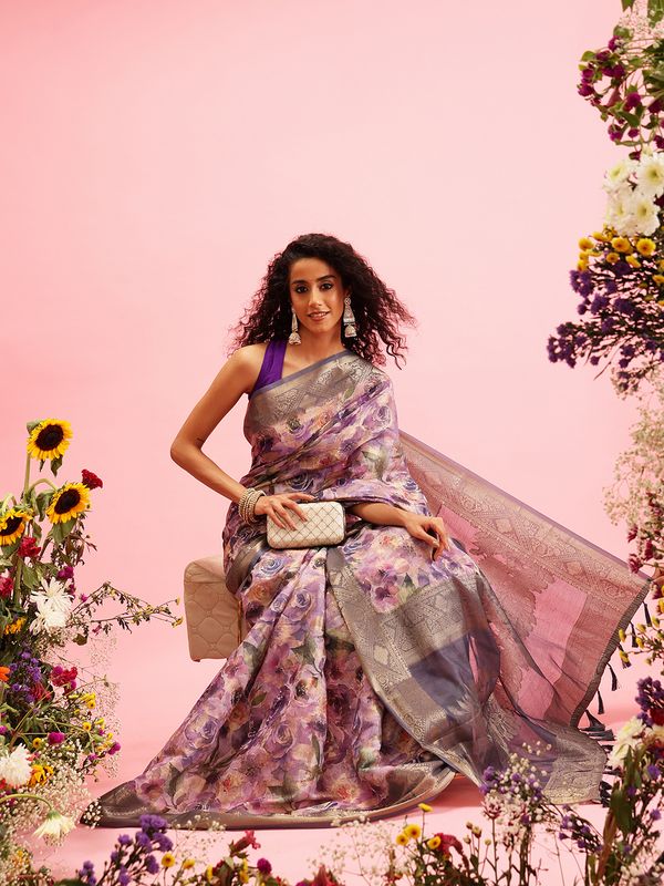 Lavender Digital Printed Banarasi Cotton Zari Woven Saree