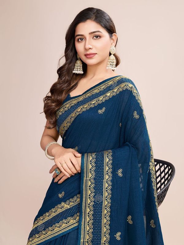 Teal Blue Designer Embroidery Work Vichitra Silk Saree