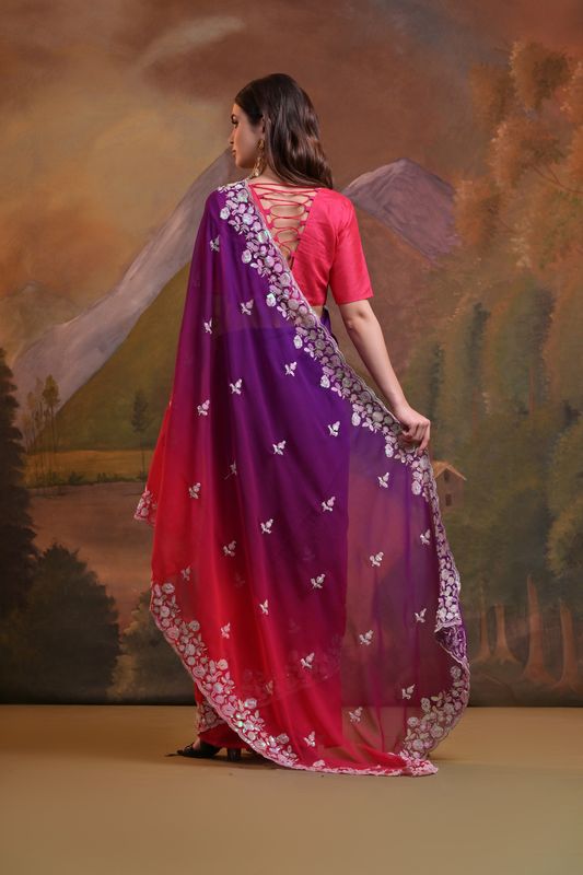 Pink Pedding & Sequance Embroidery Work Georgette Saree