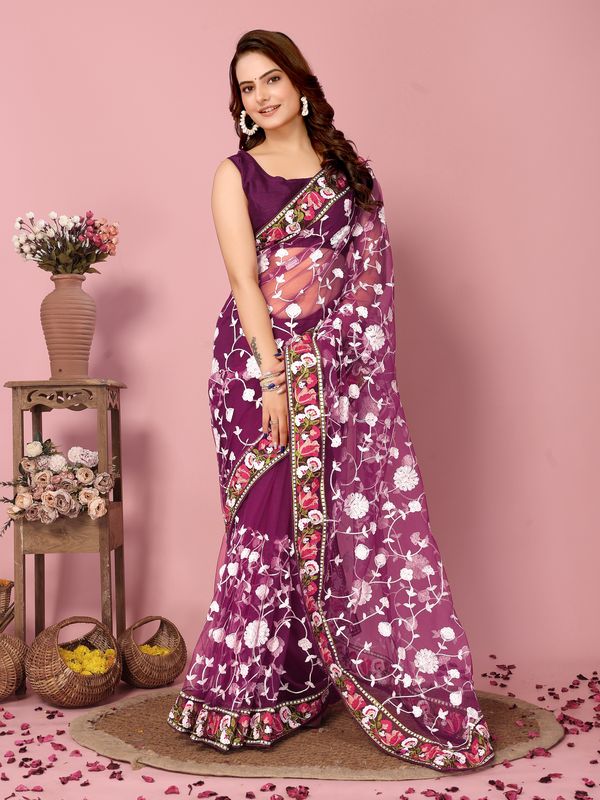 Wine Multy Thread Embroidery Work Soft Net Saree