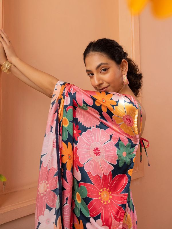 Pink Digital Floral Printed Nylon Japan Satin Saree