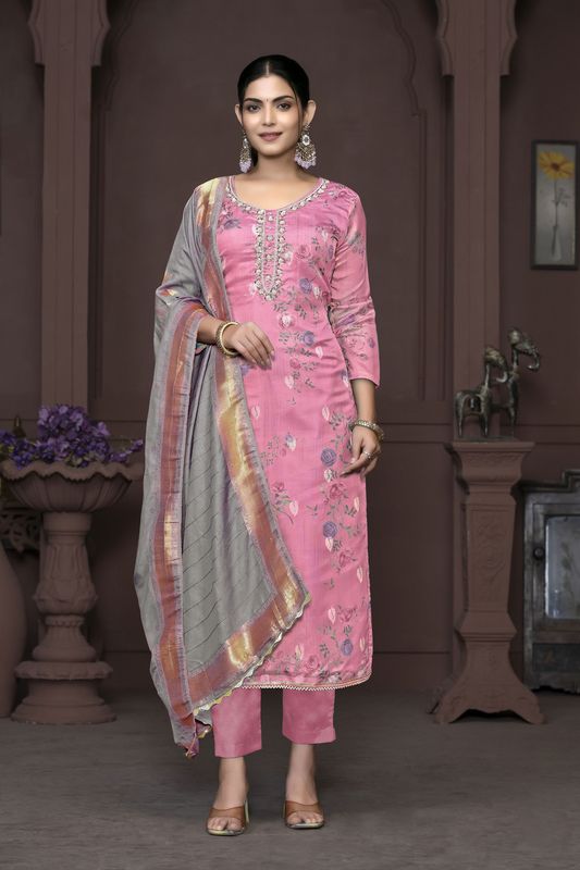 Pink Banarasi Organza Designer Printed With Hand Work Heavy Looks Traditional Salwar Suit For Indian Girls