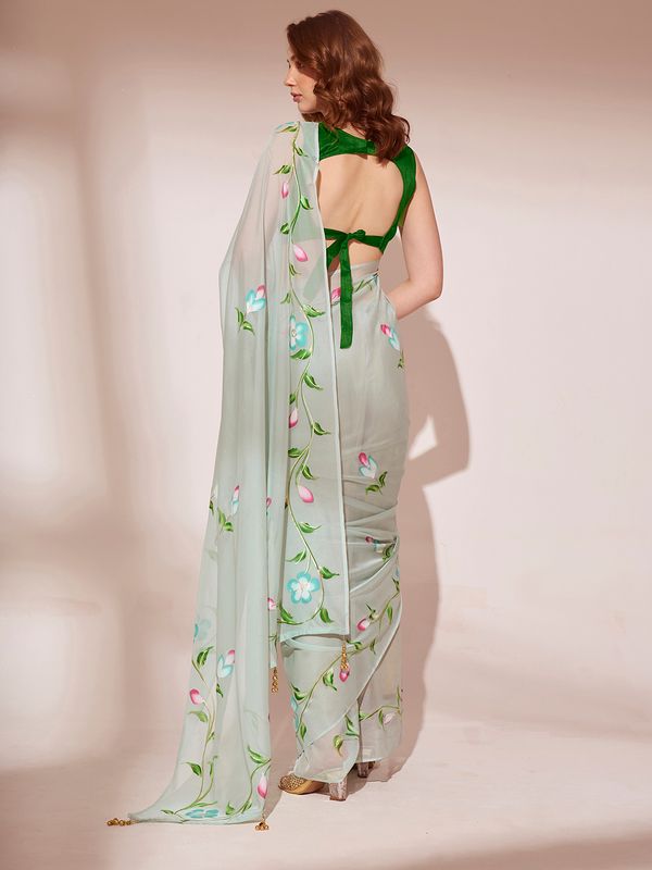 Pista Designer Brush Printed Blooming Organza Saree