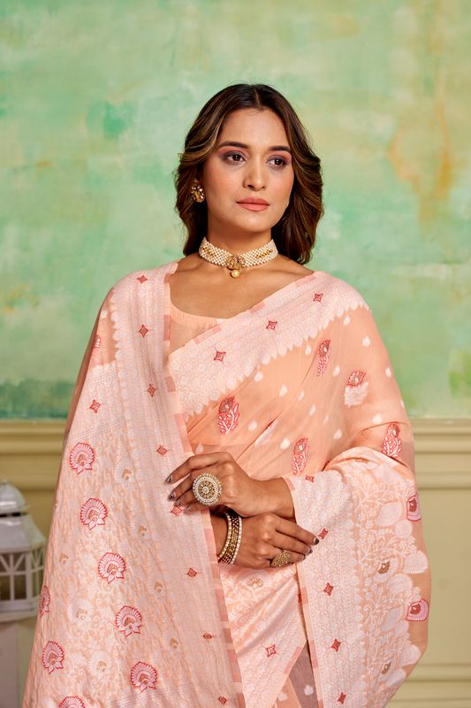 Peach Wevon Designer Cotton Saree