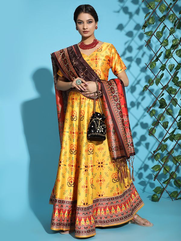 Digital Print Satin Silk Fabric Stitched Lehenga Choli With Jequared Blouse and Assami Silk Thread Work Dupatta For Women and Girls In Festive Party And Traditional Wear