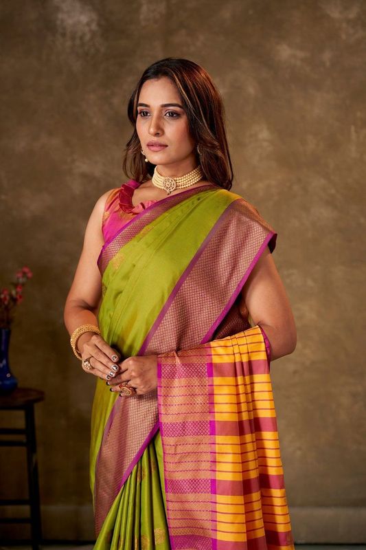Light Green Cotton Striped Saree and Stitched Pink Blouse