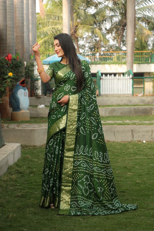 Green Wevon Border Designer & Handmade Bandhej Printed Handloom Silk Saree