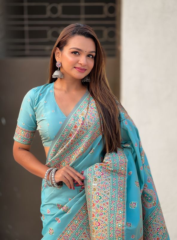 Blue Wevon Kashmiri Meenakari Designer Pashmina Silk Saree