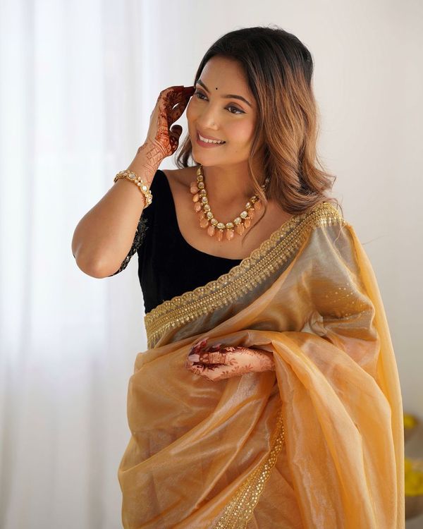 Beige Sequance Embroidery & Gold Jari Work Twill Net Saree