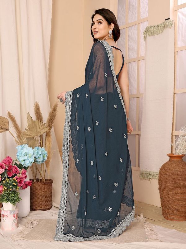 Grey Sequance Embroidery Work Zomato Chiffon Saree