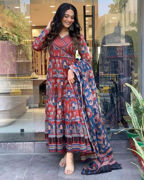 Red Cotton A-Line Kurta, Anarkali Kurta