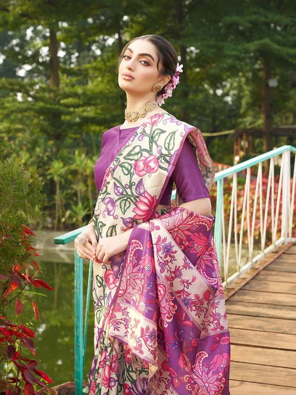 Voilet Designer Kalamkari Printed Tussar Silk Saree