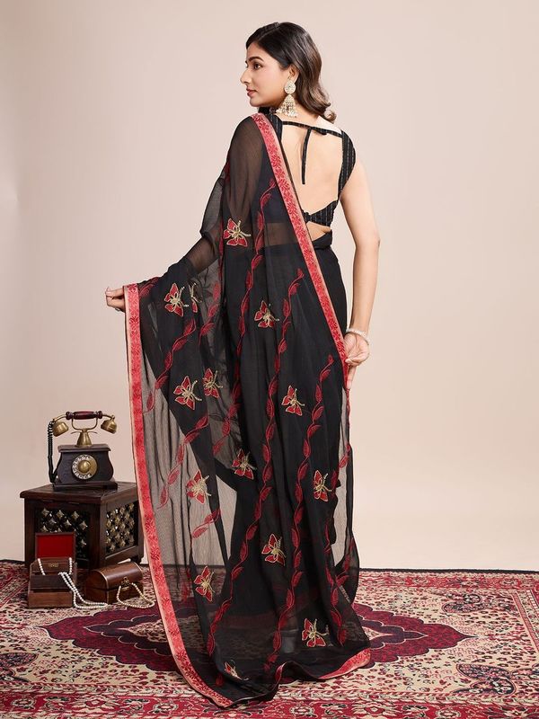 Black Designer Embroidery Work Georgette Saree