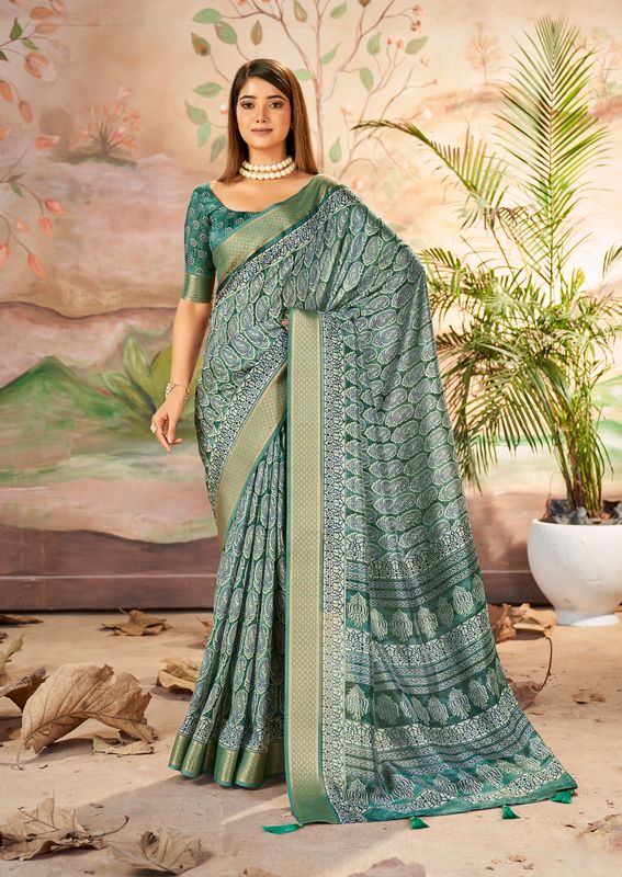 Mineral Green Wevon Border Designer With Printed Dolla Silk Saree
