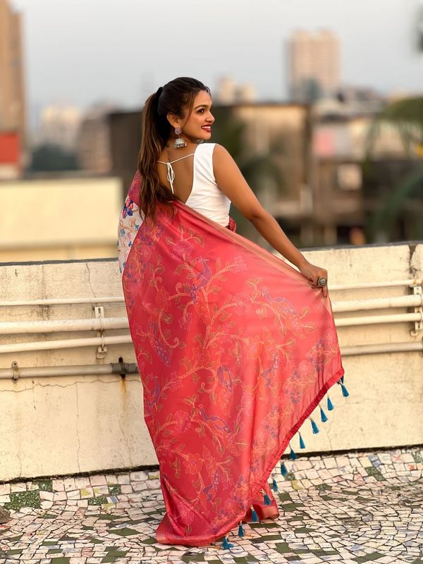 Red Color Tussar Silk Ethnic Wevon Jari Designer With Kalamkari Printed Saree