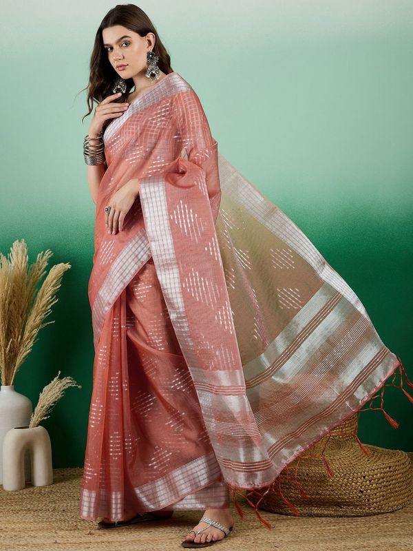 Orange Wevon Jacquard Designer Khadi Organza Saree