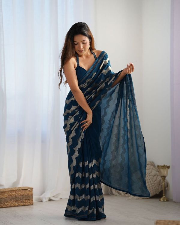 Petrol Sequance Embroidery Work Border Georgette Saree