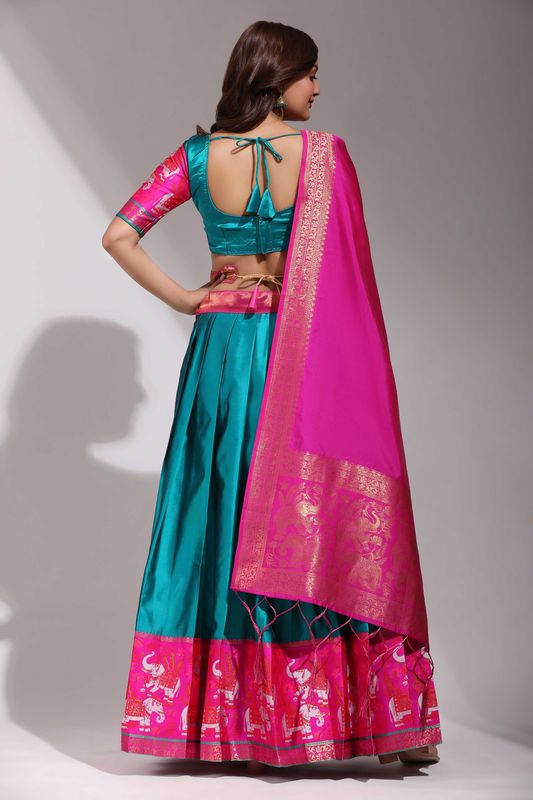 Navy Blue Lichi Silk Jacquard Weaving Work Lehenga