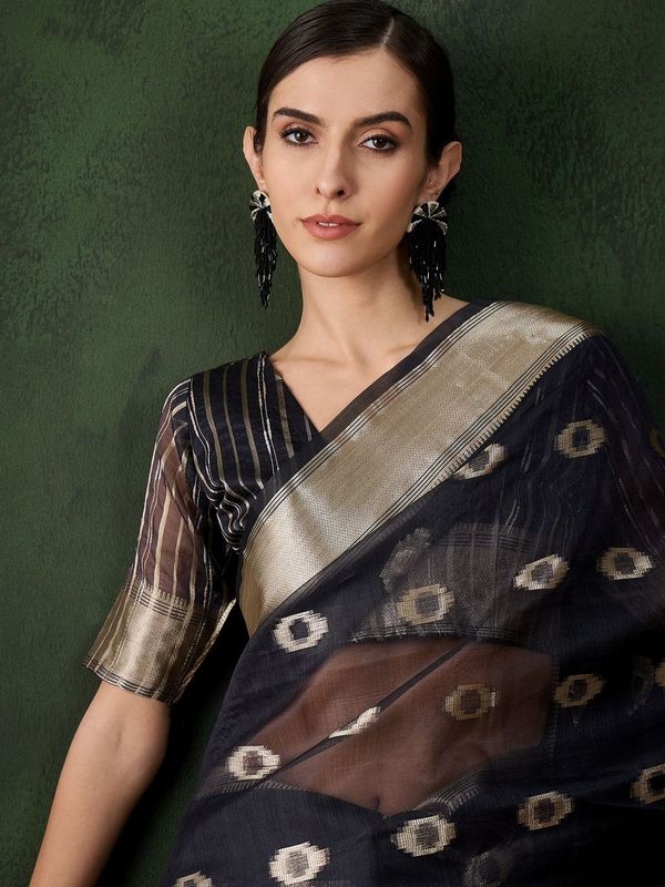 Nevy Blue Wevon Jacquard Designer Khadi Organza Saree